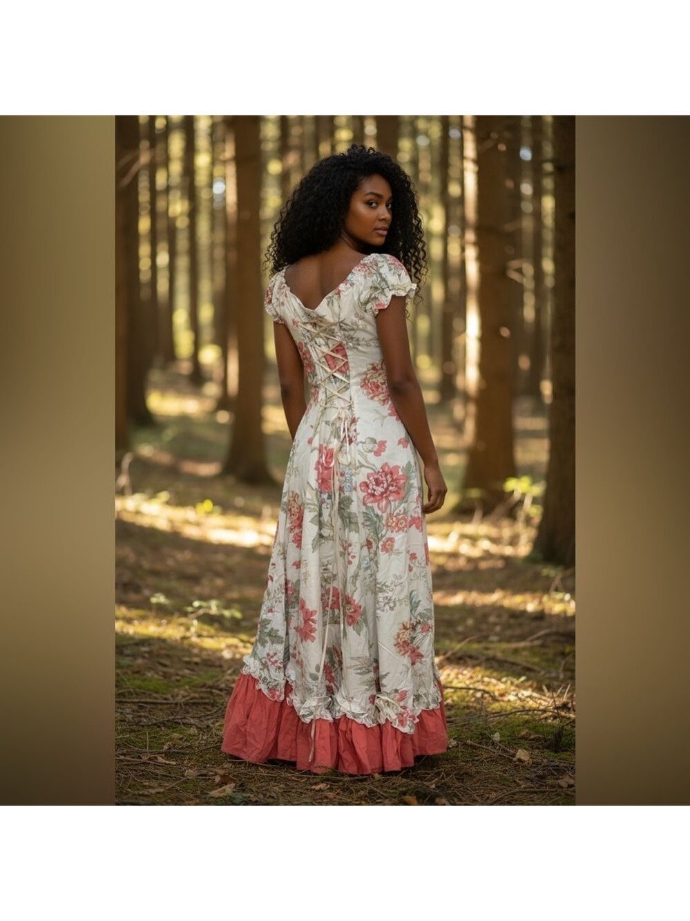 🎉HP🎉Victorian Choice Floral Cottagecore Midi Dress w/ Coral Ruffle Bow - Small - Picture 2 of 11